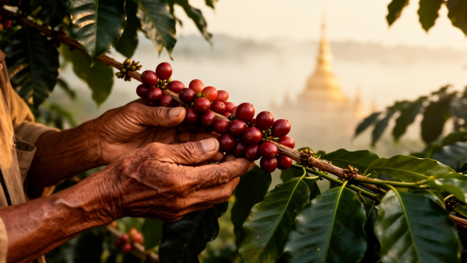 Kädet pitelemässä kypsiä kahvikirsikoita Myanmarin sumuisilla ylängöillä